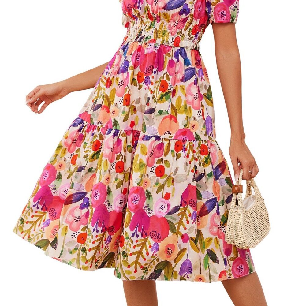 Boho Floral Midi Dress Smocked Waist Tiered Swing Vintage Summer Chic
